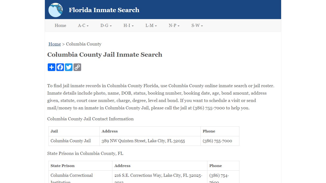 Columbia County Jail Inmate Search