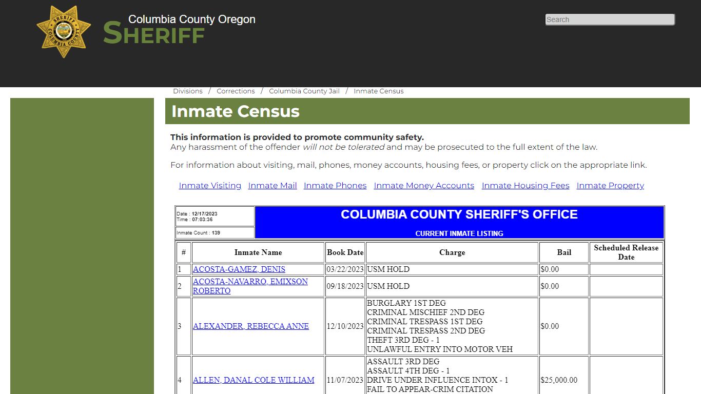 Columbia County Oregon Sheriff - Inmate Census